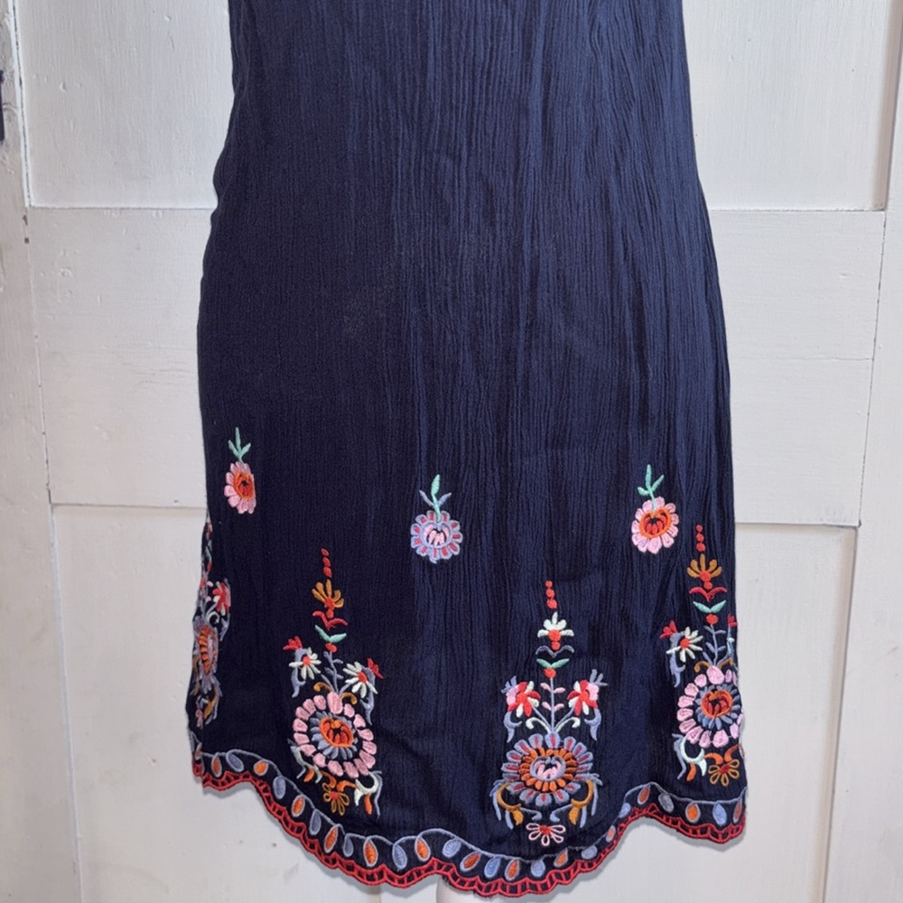 Halter Top Summer Dress Navy Flirty Floral Embroidery Ruffle Off Shoulder XS Y2K - Picture 3 of 9